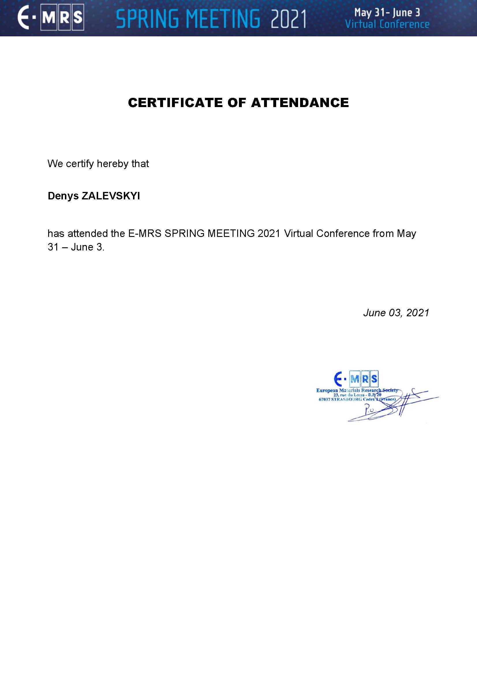 Certificate Залевский